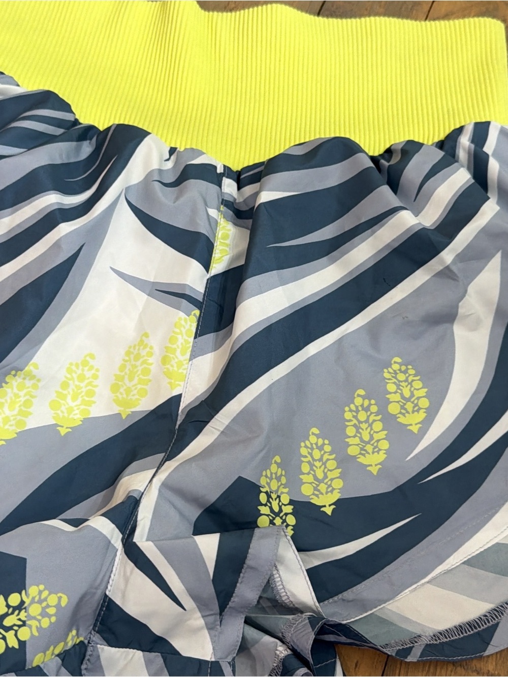 Free People Neon Yellow & Navy Wave-Print Athletic Shorts